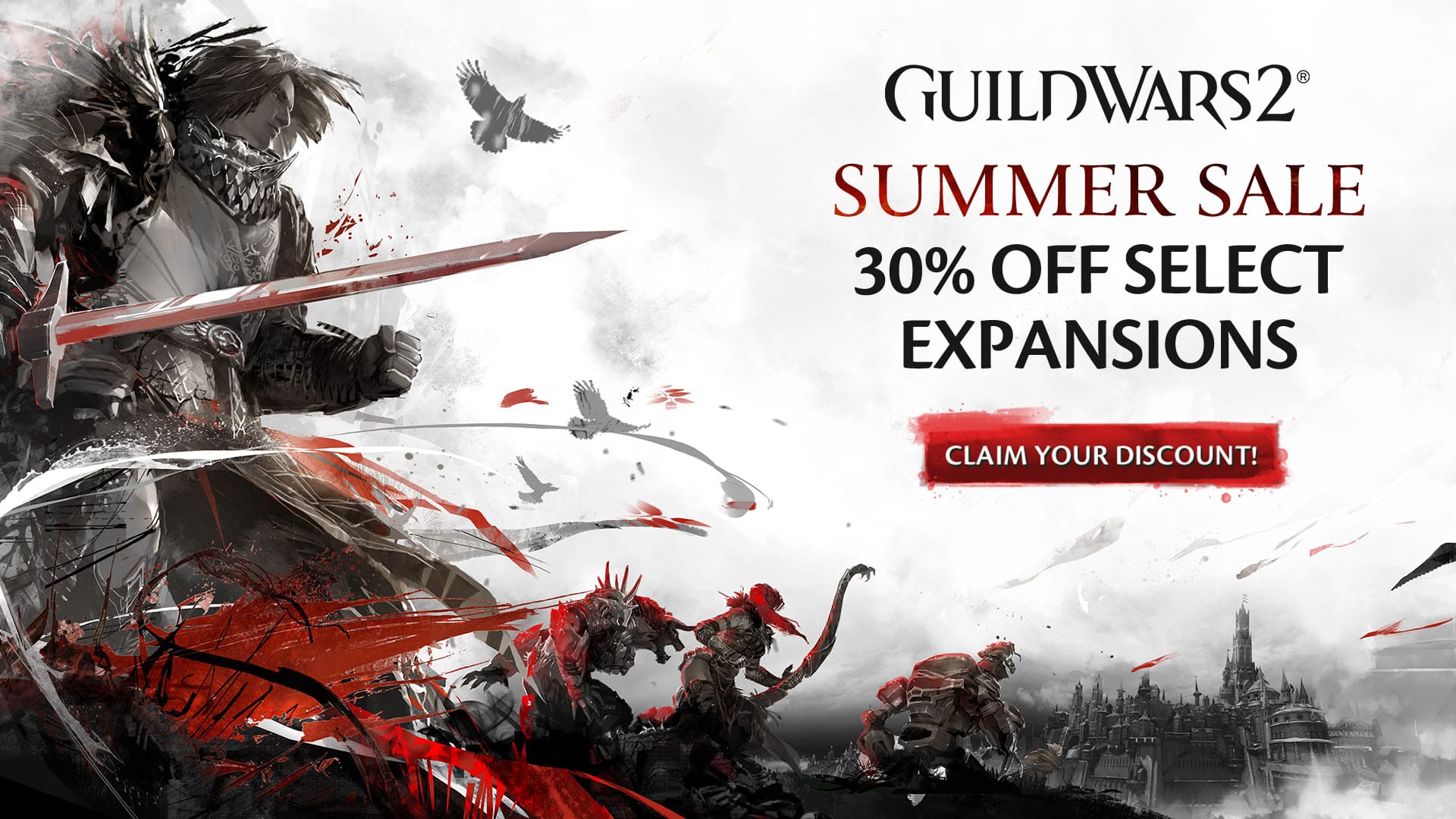A promotional image for the sale showcasing a variety of Guild Wars characters.