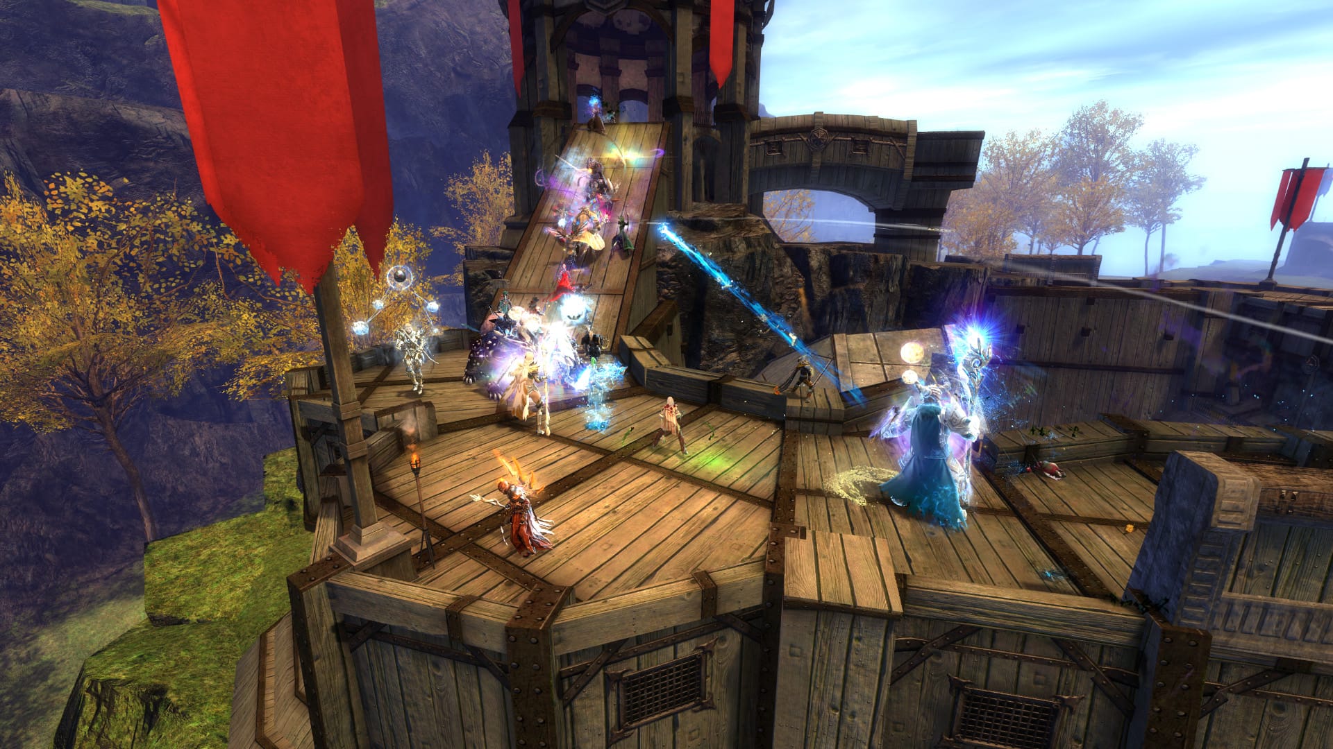 A skirmish in WvW on top of a keep wall.