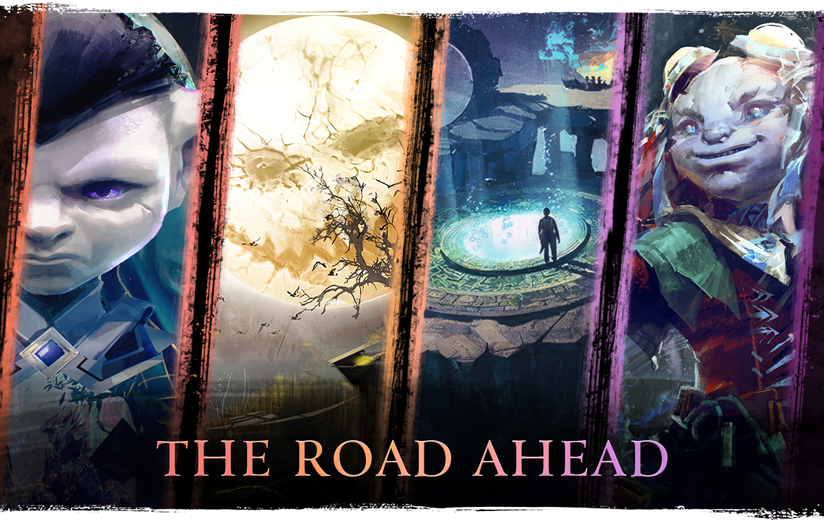 Four vertical pictures are shown. Left to right they are of Vloxx, the Mad King’s moon, the Fractal lobby, and an Asura dressed for Wintersday. The words “The Road Ahead” are at the bottom.