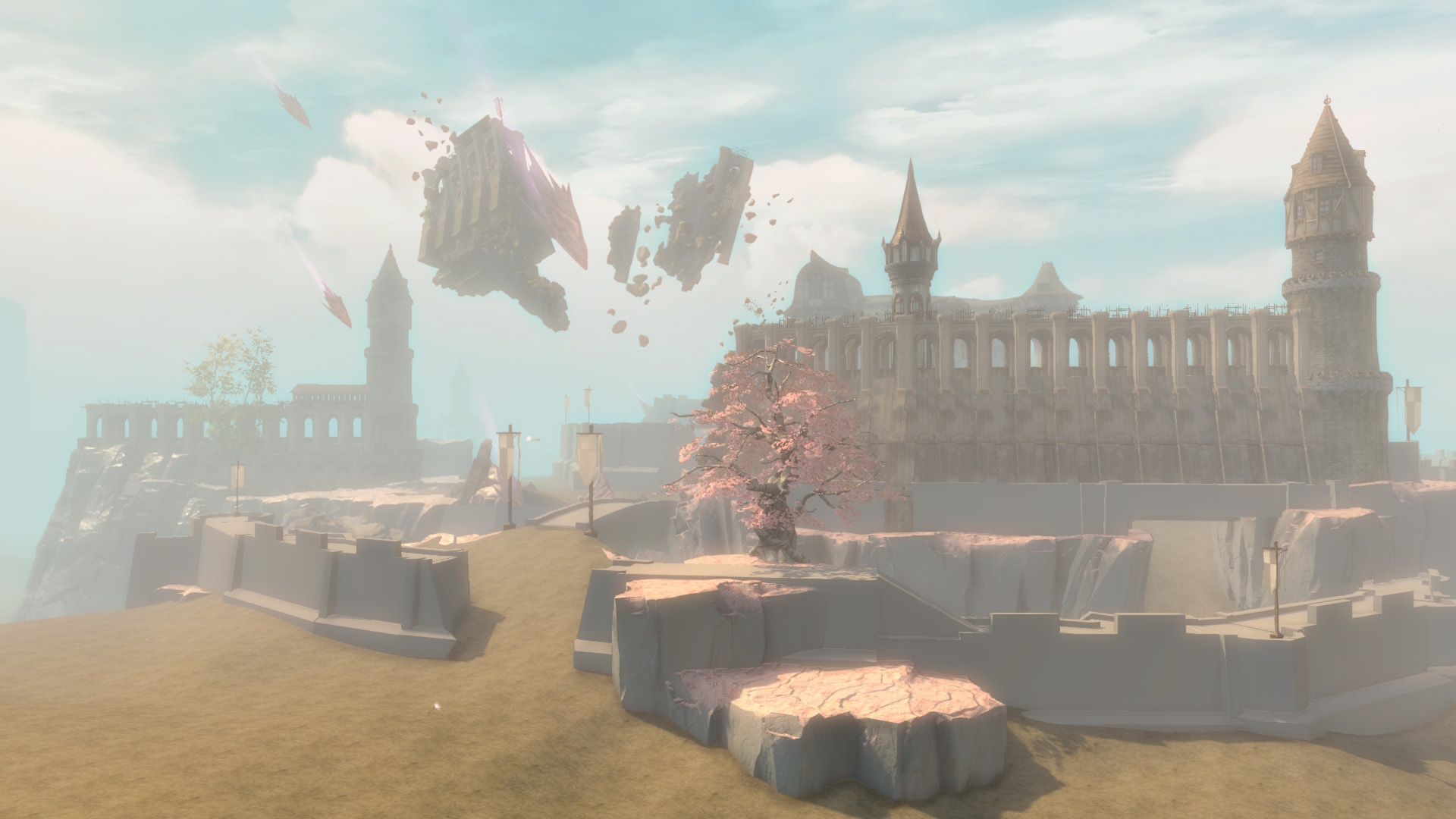 A grey box prototype map showing the south wall of the north keep. Bits of destroyed building float magically in the air.