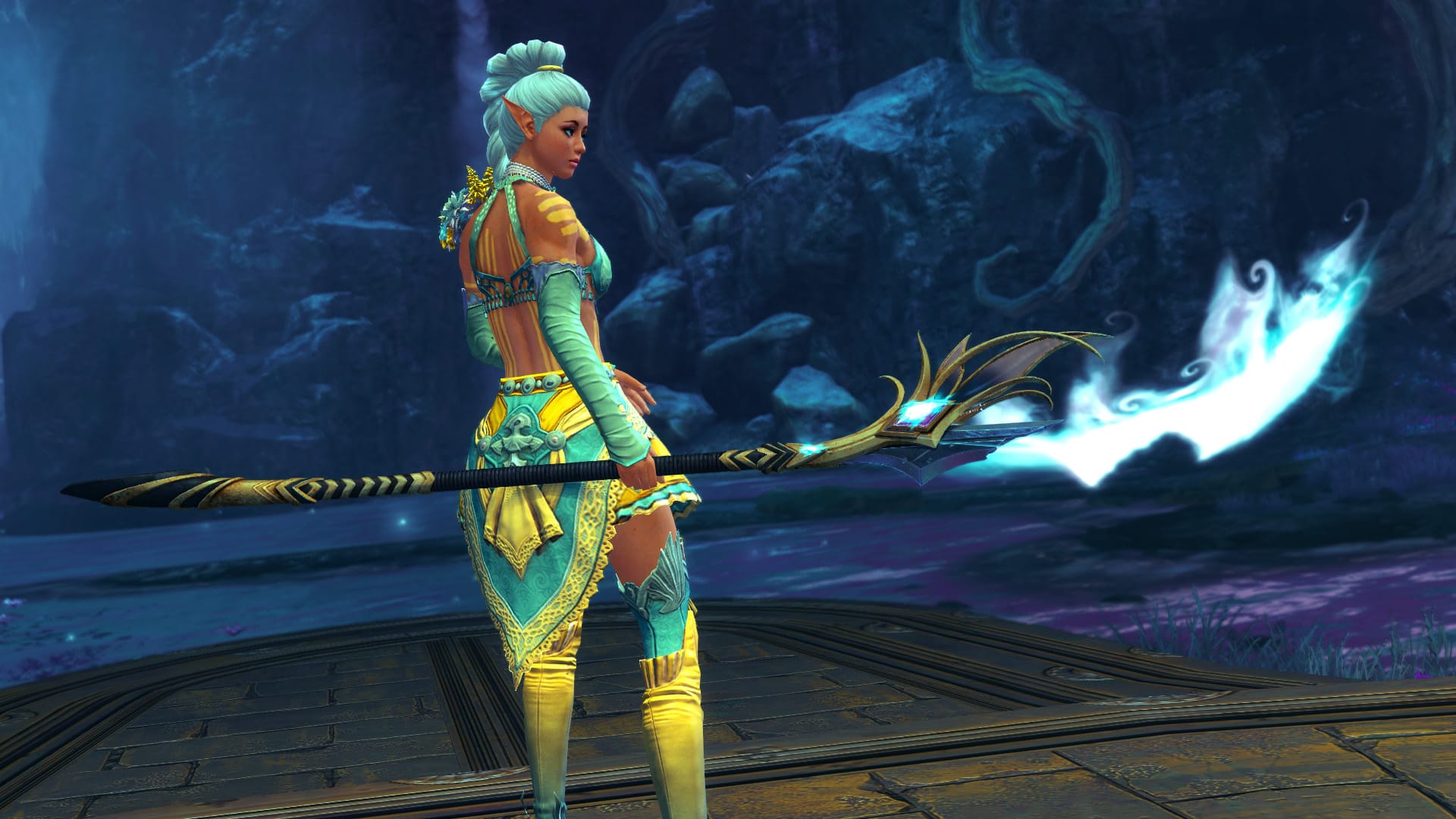 A female human wearing blue and yellow clothing wields an ornate spear of black and gold. The blade of the spear is a blaze of magical white fire.