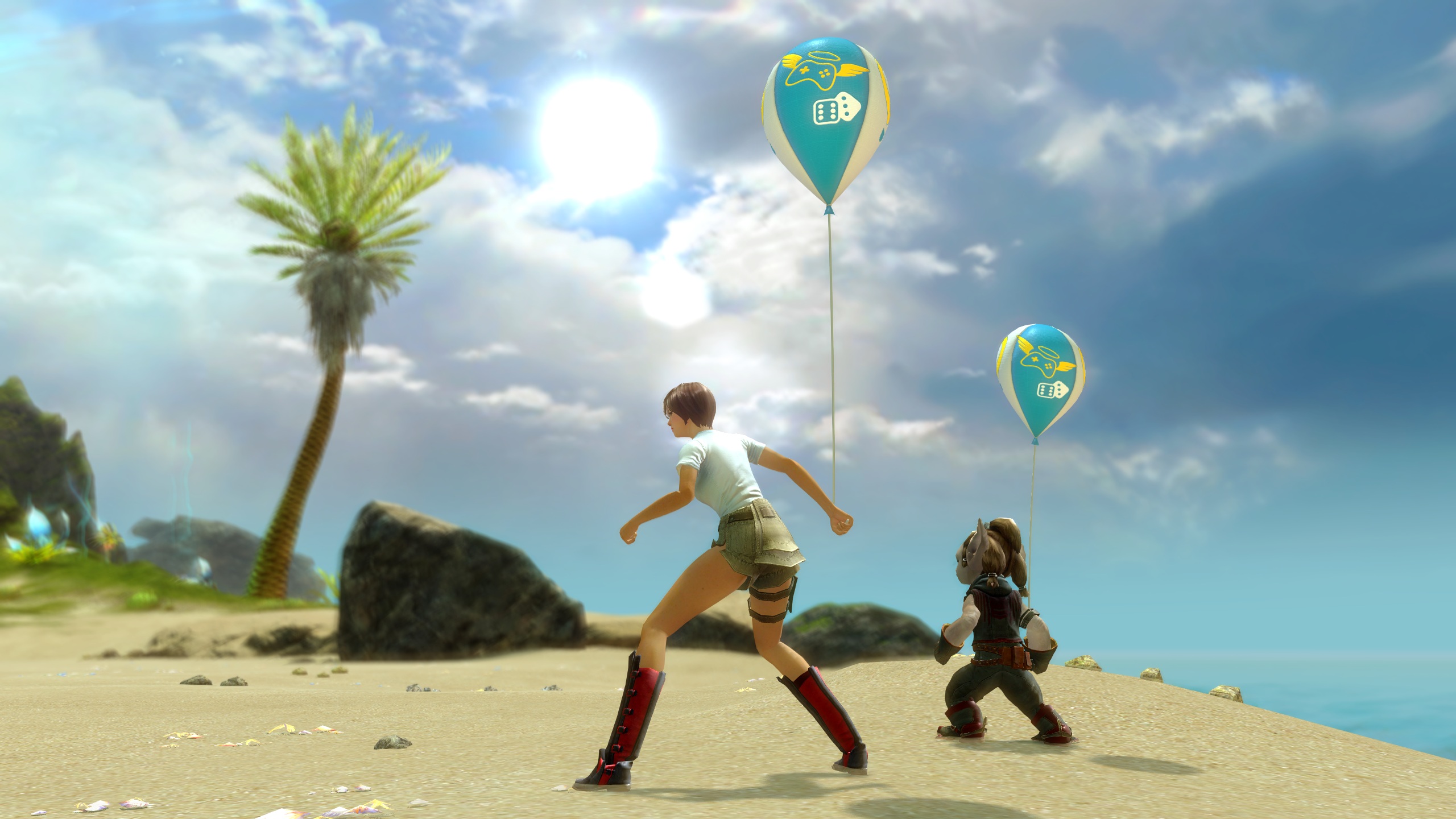 A human and asura both hold the Extra Life balloon toy.