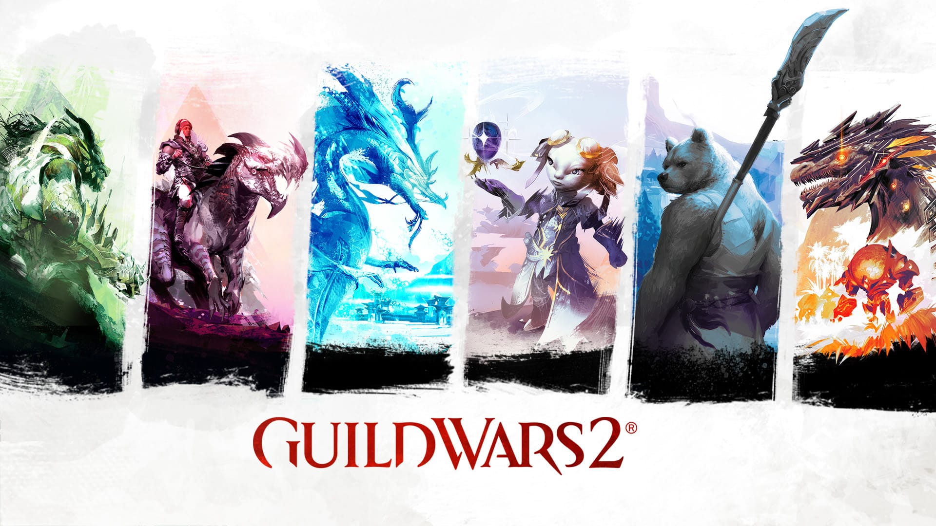 A graphic showing vertical key art from each of the six guild wars 2 expansions in order.